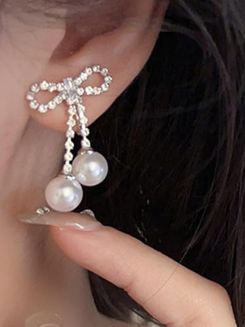 Gold Pearl Bow Clip-On Earrings – Rhinestone Statement Non-Pierced Earrings